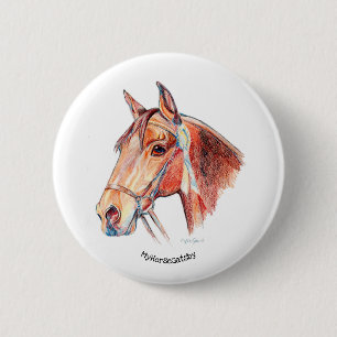 Badge Rond 5 Cm Beau Cheval de Baie avec Rosette