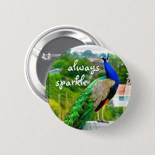 Badge Rond 5 Cm Beau Peacock Vert Bleu Toujours Citation Étincelan (Devant & derrière)