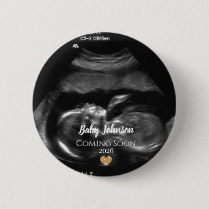 Badge Rond 5 Cm Bébé à venir bientôt Échographie Cœur en or 