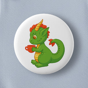 Badge Rond 5 Cm Bébé dragon mignon tenant une tasse