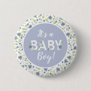Badge Rond 5 Cm Bébé en Fleur Douche Bleu Fleurs Vintages Garçon