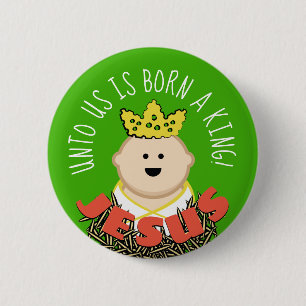 Badge Rond 5 Cm Bébé Jésus dans le foin avec la couronne du roi