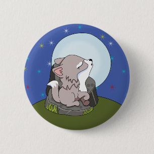 Badge Rond 5 Cm Bébé loup hurlant à la lune