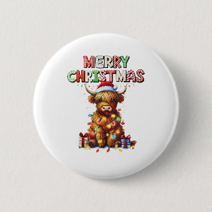 Badge Rond 5 Cm Bébé mignon vache Highland avec lumières de Noël