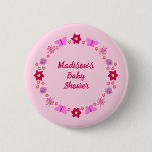 Badge Rond 5 Cm Bébé rose Papillons et fleurs personnalisés