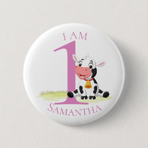 Badge Rond 5 Cm Bébé Vache ROSE ANNIVERSAIRE NUMÉRO 1 Bouton