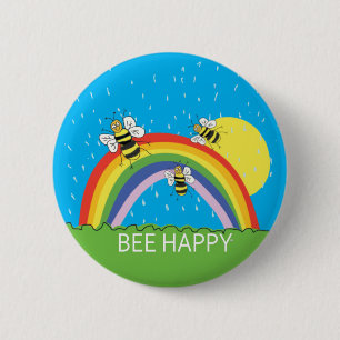 Badge Rond 5 Cm Bee Happy été arc-en-ciel soleil abeilles miel