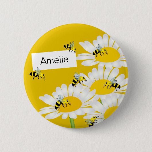 Badge Rond 5 Cm Bee on Flower Round Button - Arrière - plan jaune (Devant)