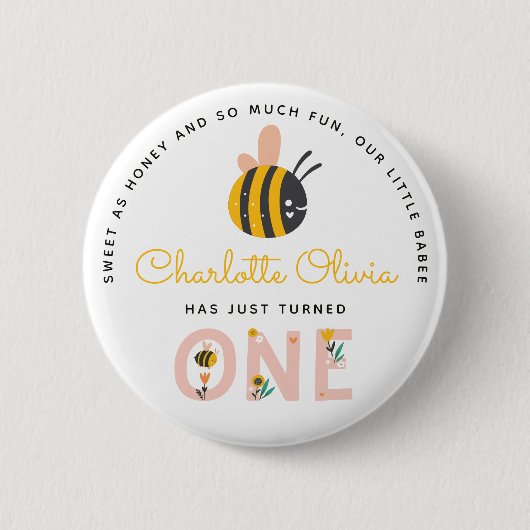 Badge Rond 5 Cm Bee Yellow & Pink Floral ONE 1er anniversaire de b (Devant)