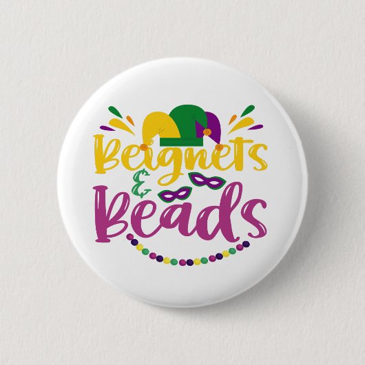 Badge Rond 5 Cm Beignets & Perles Drôle Mardi Gras Carnival Cadeau (Devant)