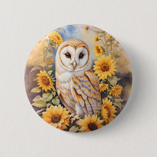 Badge Rond 5 Cm Belle Chouette Et Fleurs De Soleil (Devant)