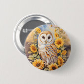 Badge Rond 5 Cm Belle Chouette Et Fleurs De Soleil (Devant & derrière)