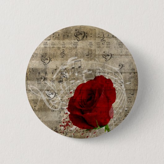 Badge Rond 5 Cm Belle rose rouge notes piano tourbillonné (Devant)