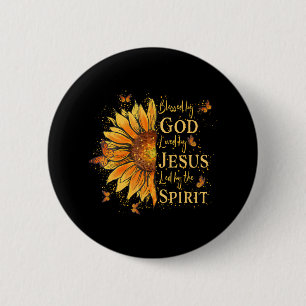 Badge Rond 5 Cm Béni Par Dieu Aimé Par Jésus Tournesol