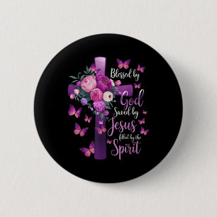 Badge Rond 5 Cm Béni Par Dieu Sauvé Par Jésus Croix Florale Violet