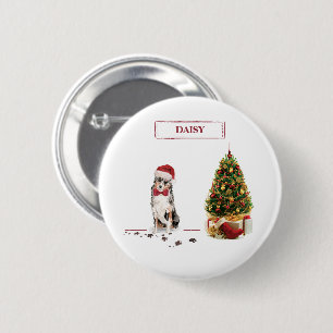 Badge Rond 5 Cm Berger australien Chien de Noël drôle avec arbre