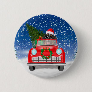 Badge Rond 5 Cm Bernese Mountain Dog Driving Car In Snow Christmas