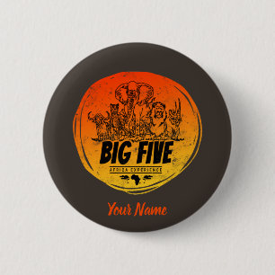 Badge Rond 5 Cm Big Five of Africa Safari Eléphant Vintage, Lion