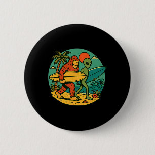 Badge Rond 5 Cm Bigfoot et alien surfant sur l'art de plage vintag