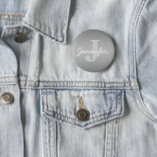 Badge Rond 5 Cm Blanc Cursive & Monogramme Gris   Couleurs Modifia