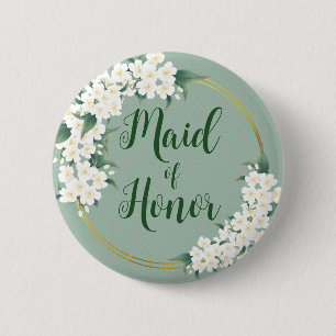 Badge Rond 5 Cm Blanc floral Vintage moderne sur vert Maid of Hono