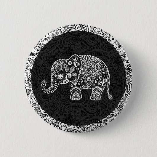 Badge Rond 5 Cm Blanc Paisley Elephant Noir Damas Arrière - plan (Devant)