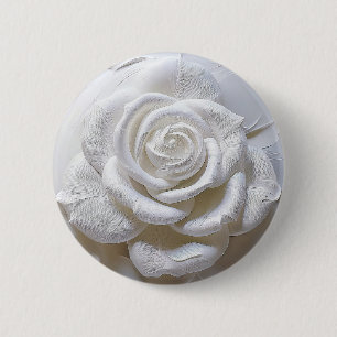 Badge Rond 5 Cm Blanc sur Blanc - Rose Sculptée