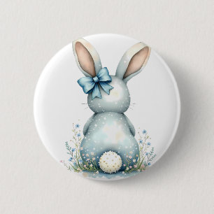 Badge Rond 5 Cm Bleu Bunny Tail Lapin de Pâques avec Oeufs