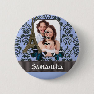 Badge Rond 5 Cm Bleu damassé Paris collage
