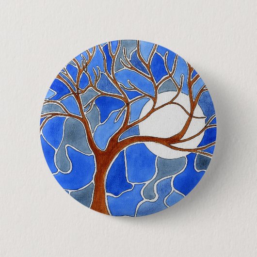 Badge Rond 5 Cm Bleu de bouton d'art d'arbre et de lune (Devant)