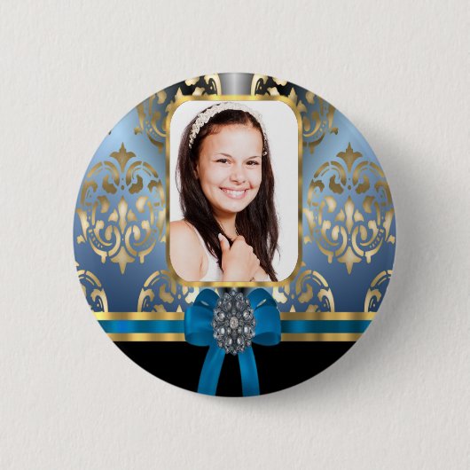 Badge Rond 5 Cm Bleu et or damassé (Devant)