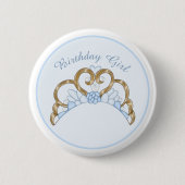 Badge Rond 5 Cm Bleu et or Tiara Anniversaire fille Épingle (Devant)