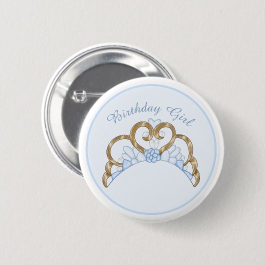 Badge Rond 5 Cm Bleu et or Tiara Anniversaire fille Épingle (Devant & derrière)
