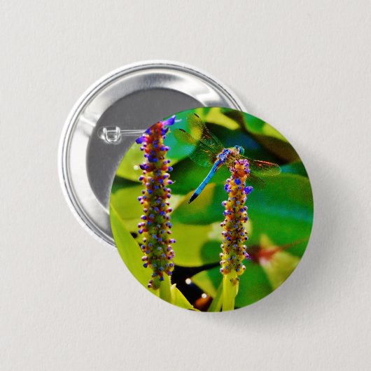 Badge Rond 5 Cm Bleu libellule et fleurs (Devant & derrière)