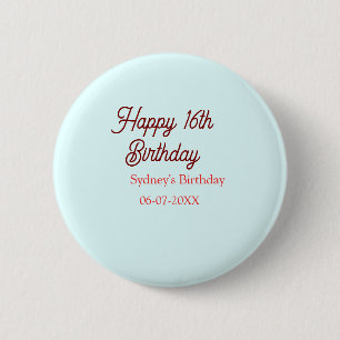 Badge Rond 5 Cm Bleu pastel rouge joyeux 16e anniversaire nom date