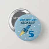 Badge Rond 5 Cm Bleu Retro Rocket Ship Personnalisé Birthday Boy (Devant & derrière)