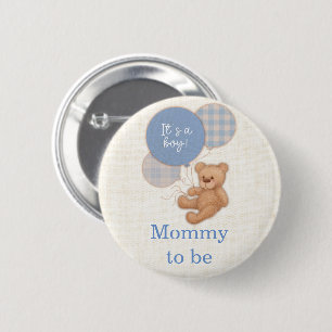 Badge Rond 5 Cm Bleu Teddy Ours Baby shower Maman à être bouton