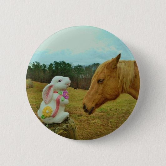 Badge Rond 5 Cm Blond Jaune cheval & Bunny de Pâques (Devant)