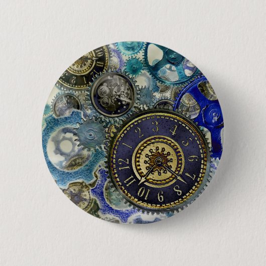Badge Rond 5 Cm Blue aqua steampunk gears, cogs, clock faces (Devant)