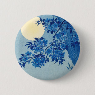 Badge Rond 5 Cm Blue Night Moon Cherry Tree Japonais