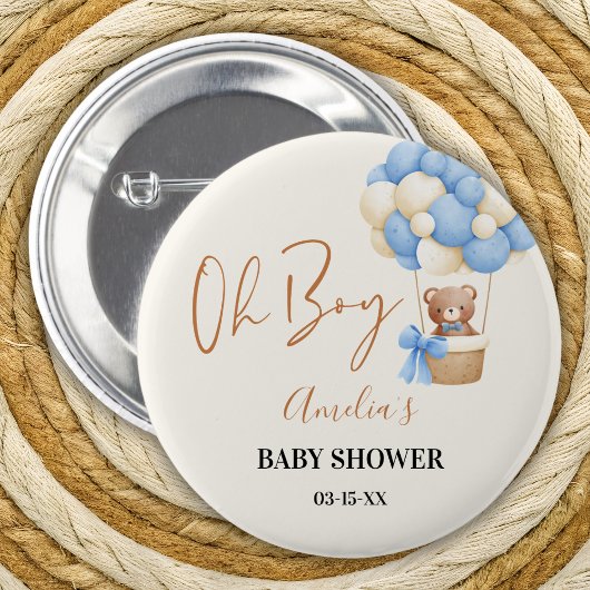 Badge Rond 5 Cm Blue Teddy Bear Oh Boy Balloon Baby shower Party