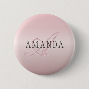 Badge Rond 5 Cm Blush Élégant Faux Or Rose Nom & Monogramme