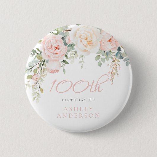 Badge Rond 5 Cm Blush & Ivory Floral 100e fête d'anniversaire (Devant)