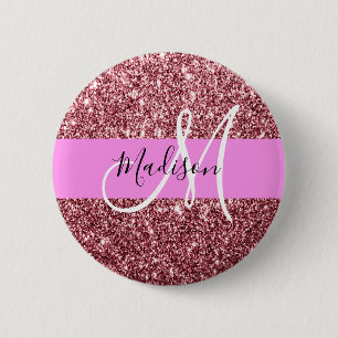 Badge Rond 5 Cm Blush Rose Glitter Monogramme Rose Doré Pailleté