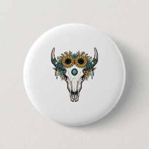 Badge Rond 5 Cm Boho Crâne de Taureau Tournesol Vintage Gravure We