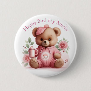 Badge Rond 5 Cm Boho Fille Ourson Rose Fleur Anniversaire