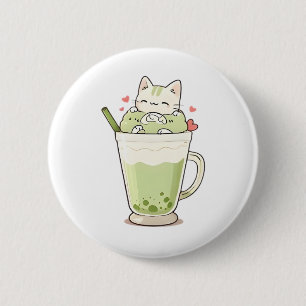 Badge Rond 5 Cm Boisson au Matcha Boba Chat Mignon Design Kawaii