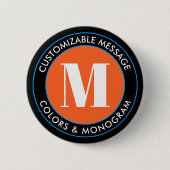 Badge Rond 5 Cm Bold Monogram & Text | Black White Orange & Blue (Devant)