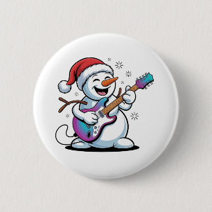 Badge Rond 5 Cm Bonhomme de neige jouant de la guitare électrique