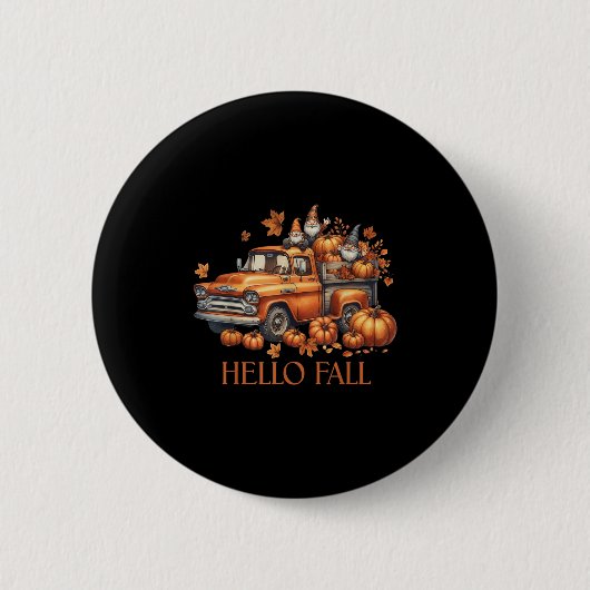 Badge Rond 5 Cm Bonjour Automne Citrouille Coupe Camion Gnome Arbr (Devant)